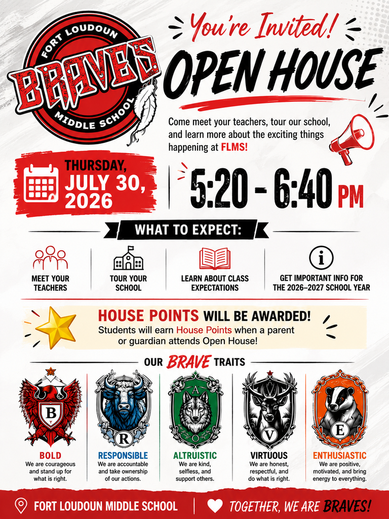 A poster advertises an open house at Fort Loudoun Middle School on July 30, 2026, from 5:20 to 6:40 PM. Activities include meeting teachers, school tours, and learning about class expectations.