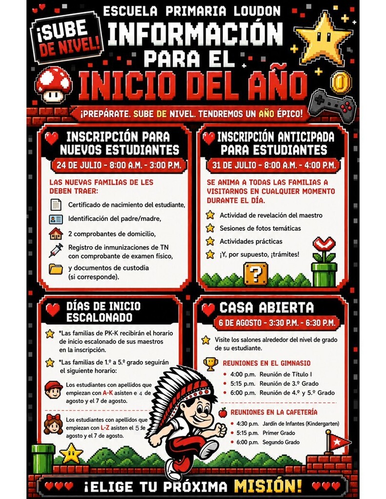 A colorful poster with a video game theme. It lists school enrollment details, including dates, required documents, and open house times.
