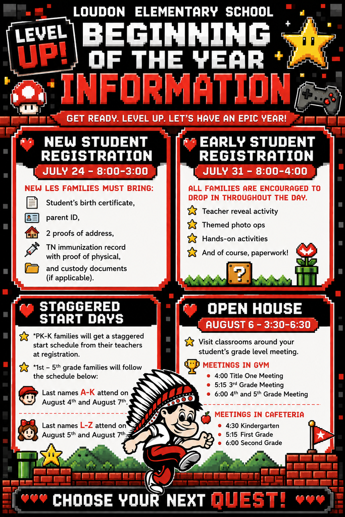 A game-themed graphic shows a video game character. Information includes details for new student registration, staggered start dates, and an open house.