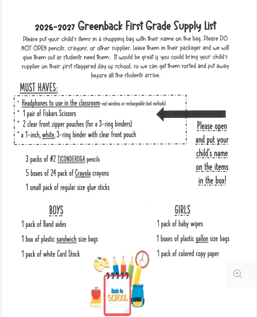 2nd Grade Supply list for '26-'27