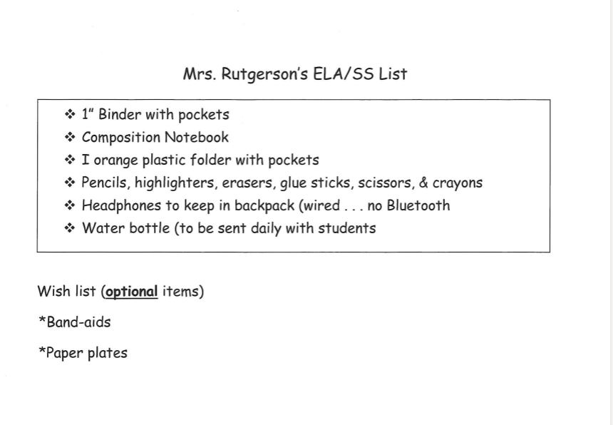 4th Grade ELA Supply list for '26-'27