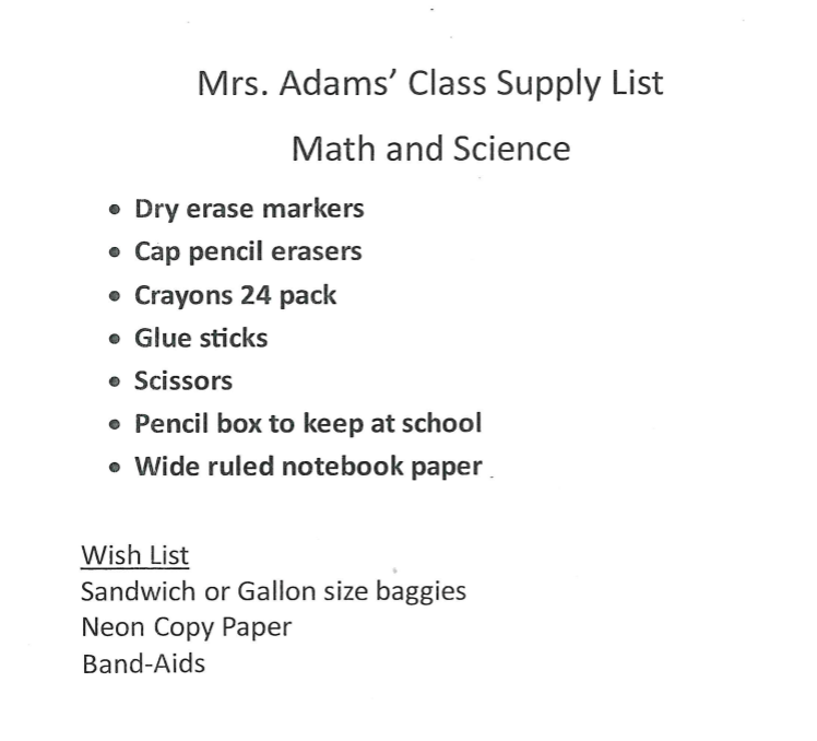 4th Grade Math & Science Supply list for '26-'27