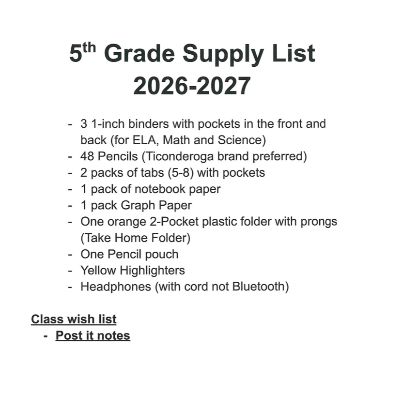 5th Grade Supply list for '26-'27