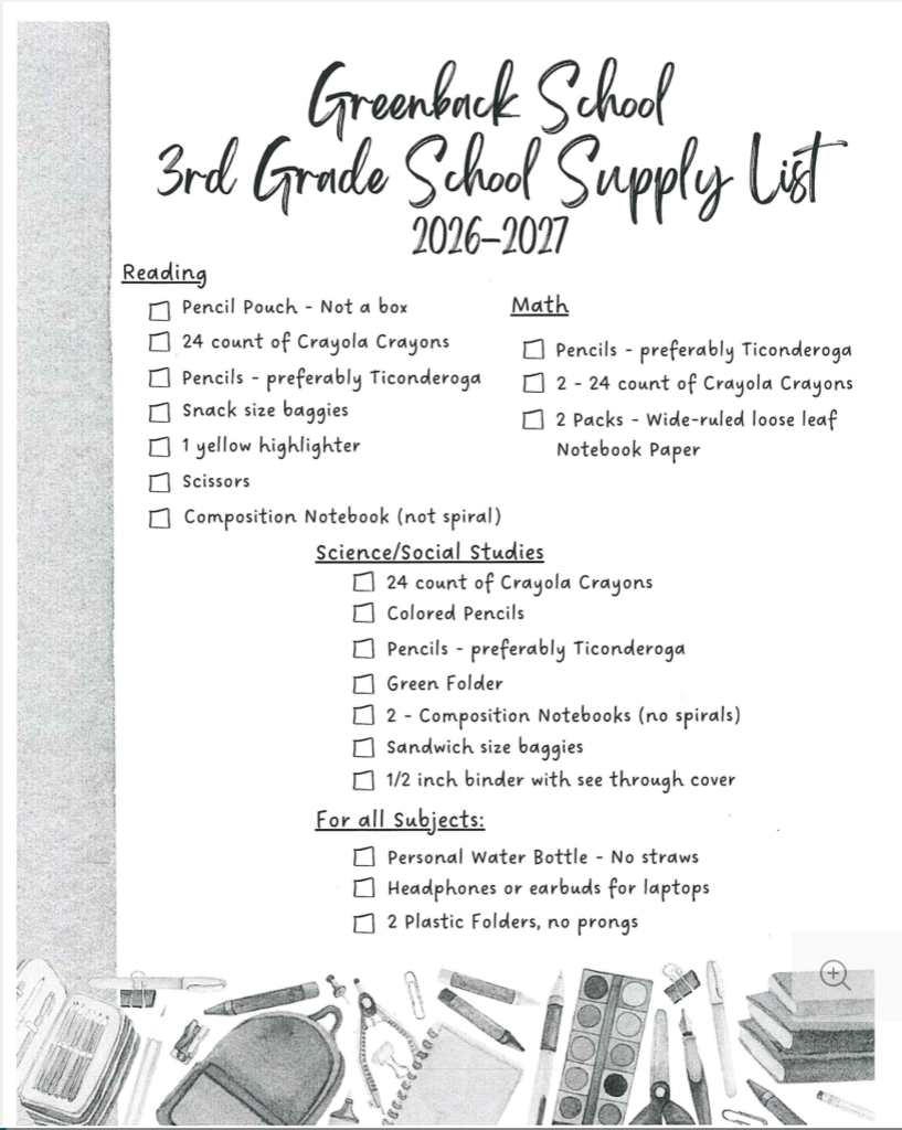 3rd Grade Supply list for '26-'27