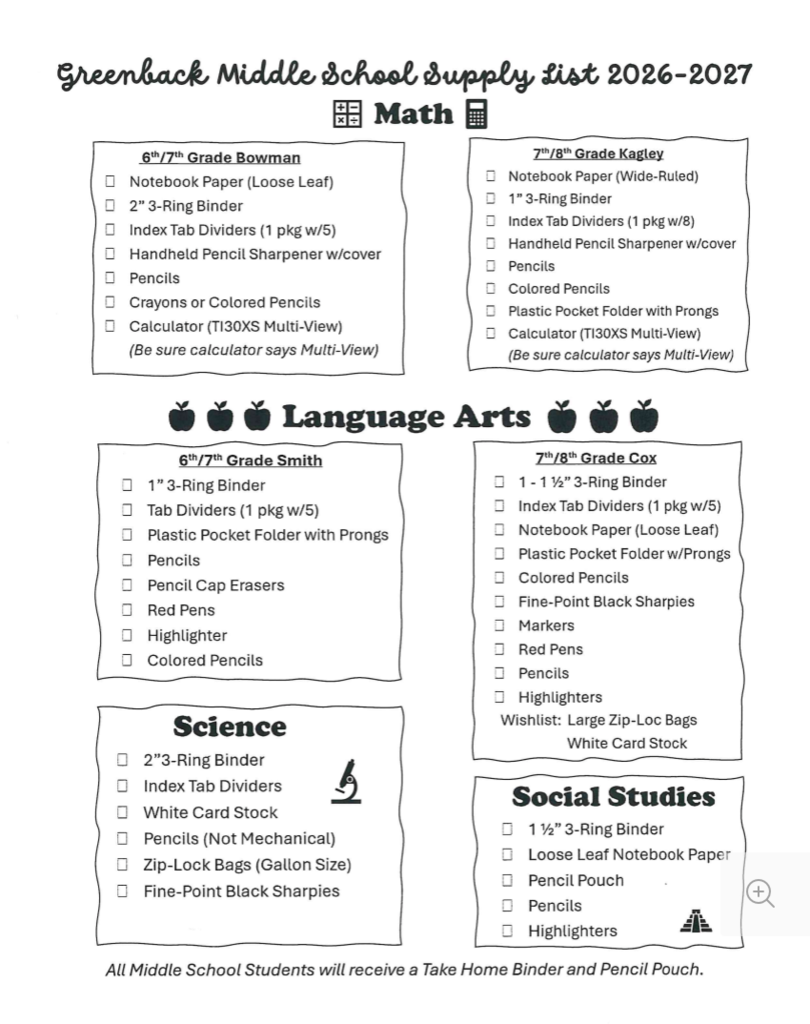 Middle School Supply lists for '26-'27