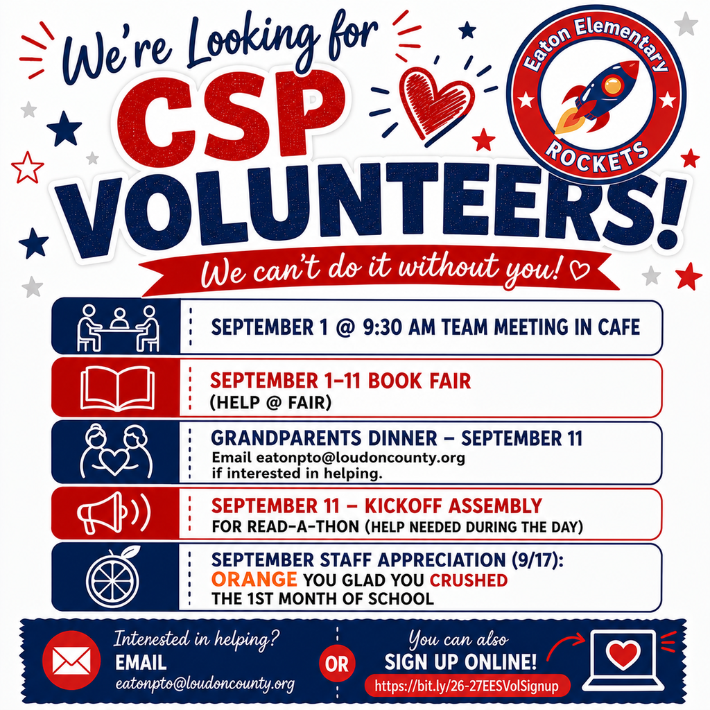 Poster with blue, white, and red colors. It highlights events for volunteers and includes icons for each activity.