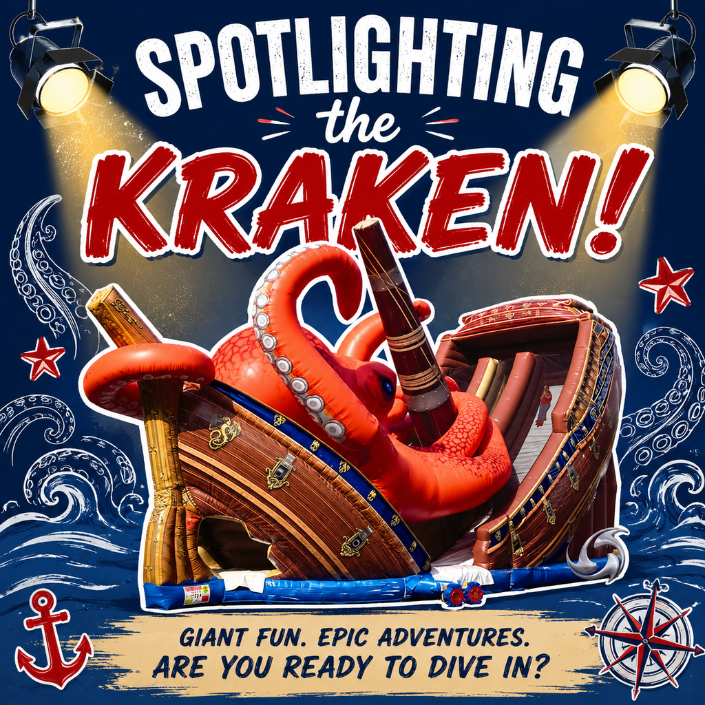 A poster with a blue background. An octopus sits on a ship with a bottle. Anchors and stars are in the corners.
