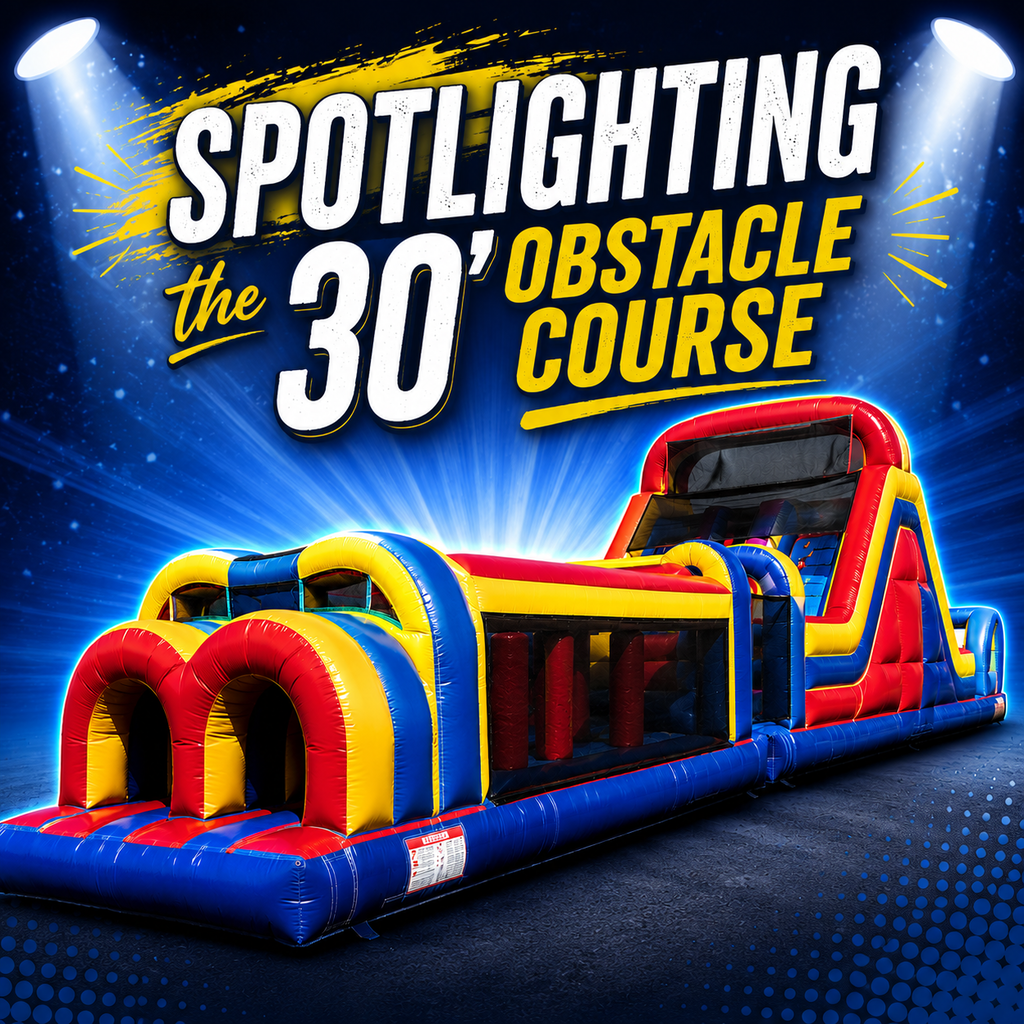 Advertisement for a 30' inflatable obstacle course with lights. Background has blue and yellow paint.