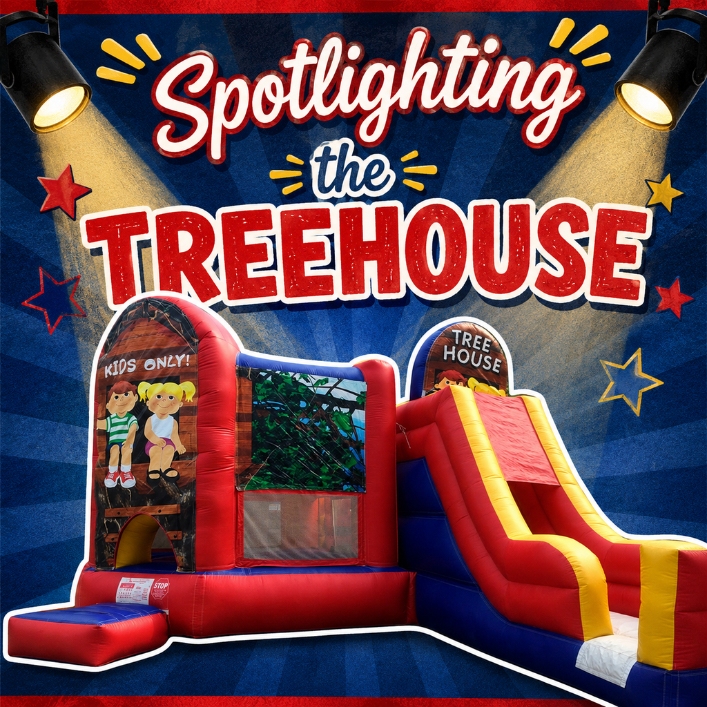 Advertisement for a bouncy house. It says "Spotlighting the Treehouse" with two spotlights shining on the treehouse.