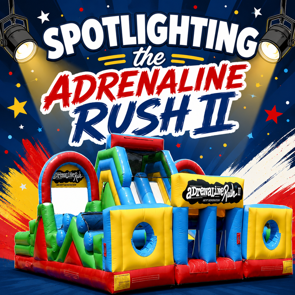 Brightly colored inflatable obstacle course. Text reads "Spotlighting the Adrenaline Rush II". Colorful stars and lights in the background.