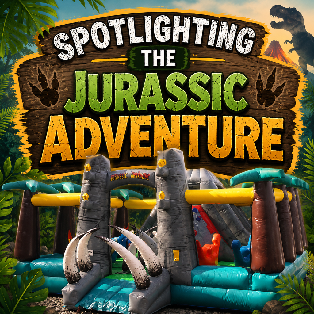 Text: "Spotlighting the Jurassic Adventure" above an inflatable dinosaur play structure with a slide and horns.