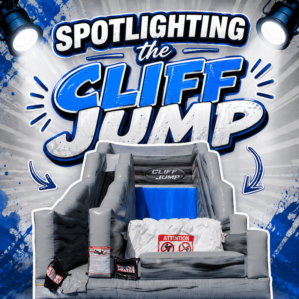 Blue background with text "Spotlighting the Cliff Jump". Large inflatable slide with blue bottom and white fabric.