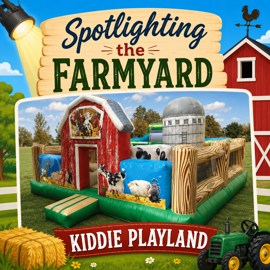 Farm-themed inflatable bounce house. Red barn, silo, and cows. Green field, red barn, and yellow tractor.