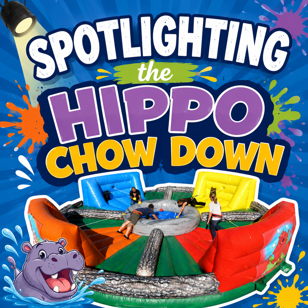 Colorful inflatable with children playing inside. The title reads "Spotlighting the HIPPO Chow Down". Hippo on the bottom left.
