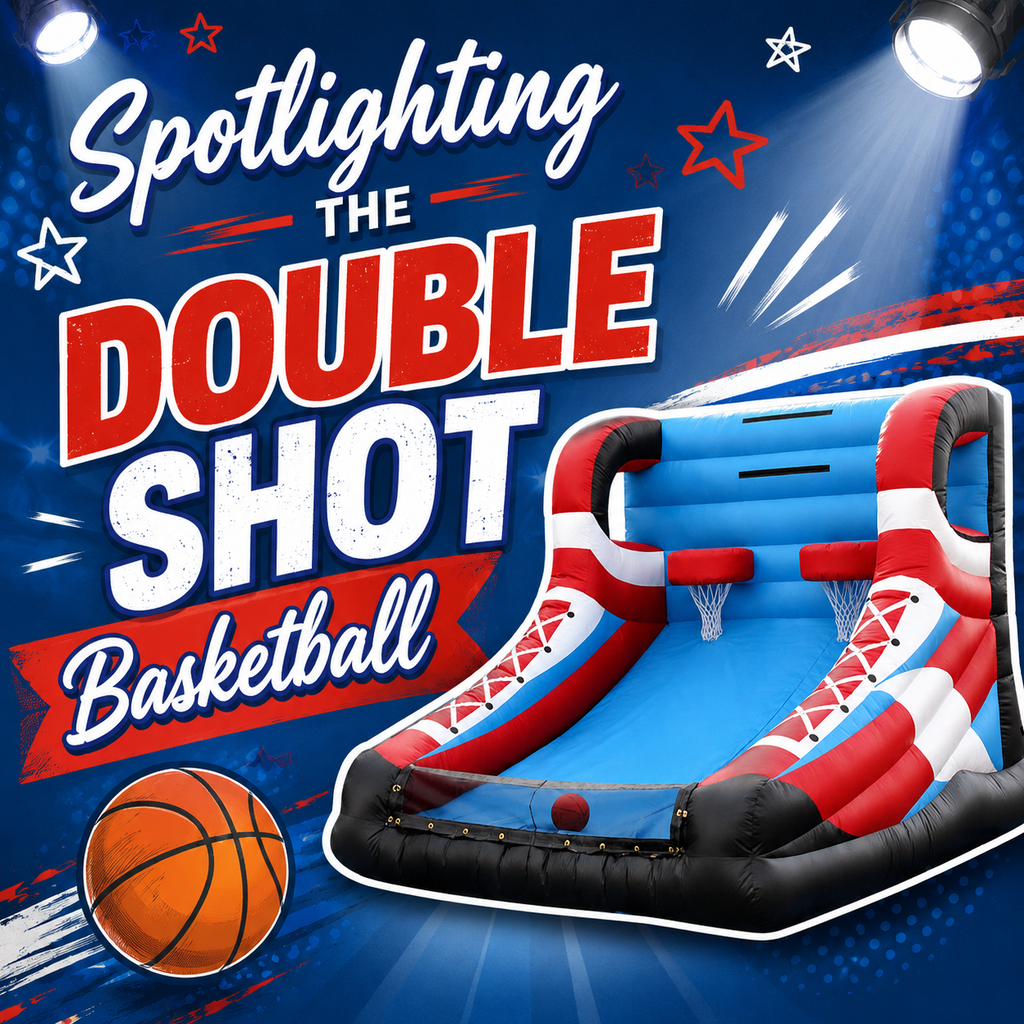 Poster with a basketball inflatable, spotlighting the double shot basketball. The poster has stars and a spotlight effect.