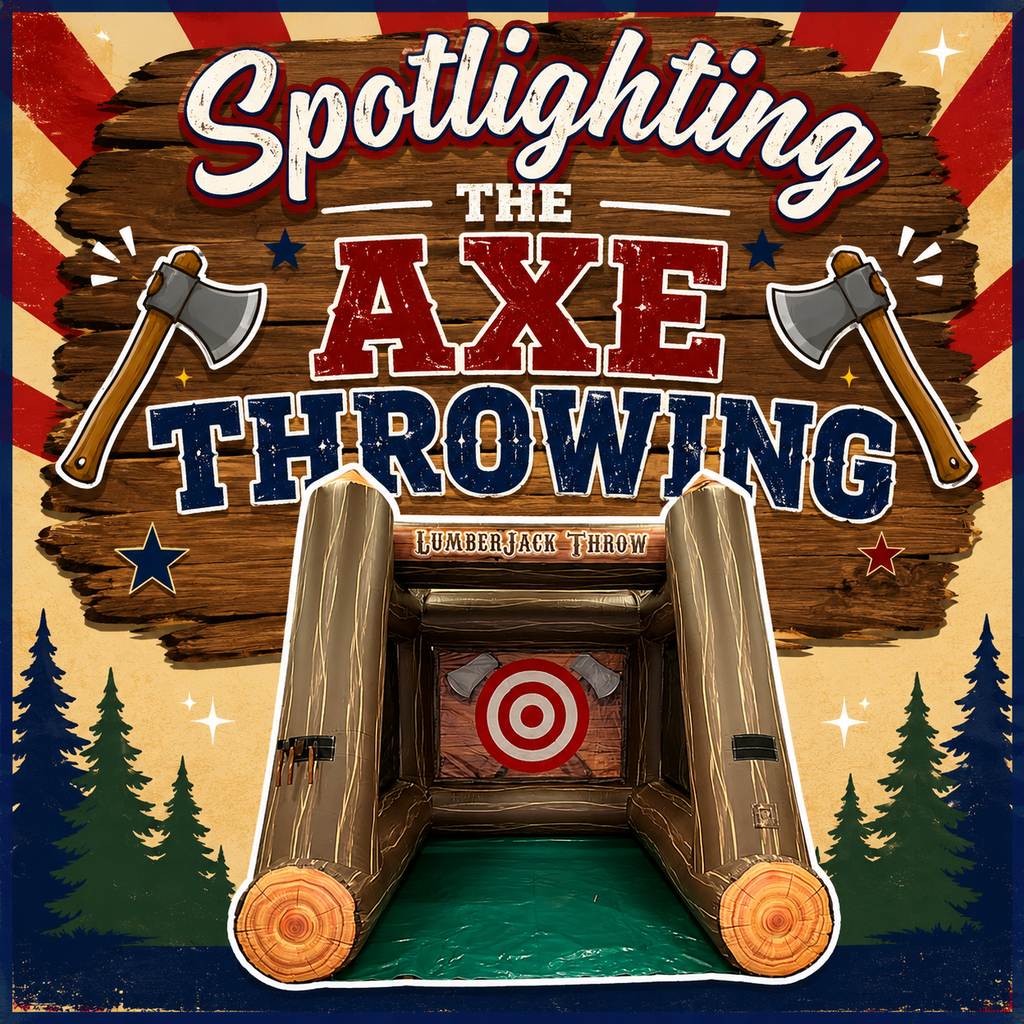 Illustration of a wooden sign with "Spotlighting The Axe Throwing" and two axes. Below it, a red target in a tunnel.