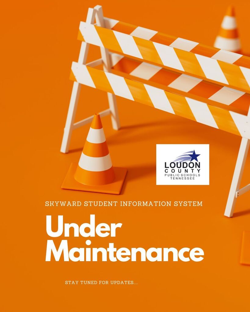 Orange background with a maintenance sign, two traffic cones, and a white logo. Text reads: "Skyward Student Information System Under Maintenance."