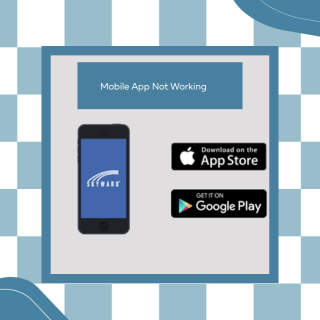 A blue and white checkered background shows a phone displaying "Mobile App Not Working." Below it, icons for App Store and Google Play are visible.