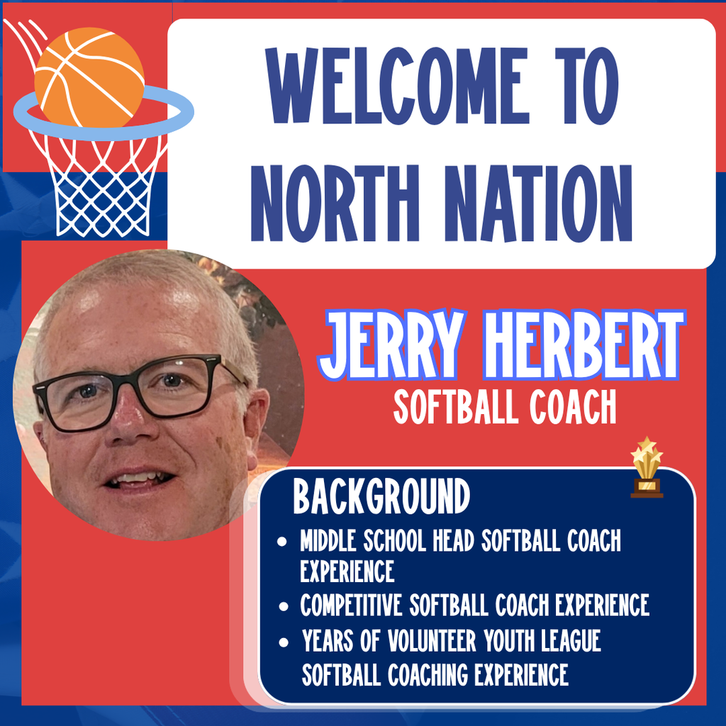 An introduction poster with a man's headshot and the title "Jerry Herbert, Softball Coach." The poster includes a basketball hoop in the upper left corner.