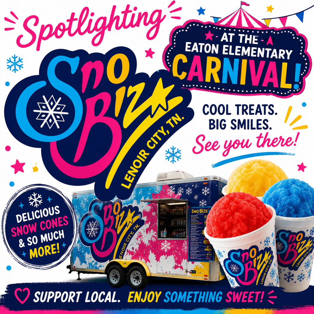 A poster advertising Sno Biz at Eaton Elementary Carnival, featuring a colorful food truck, snow cones, and text.