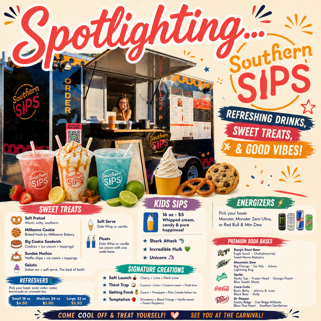 An advertisement for Southern Sips showcasing a food truck with various treats, including drinks, cookies, pretzels, and more.