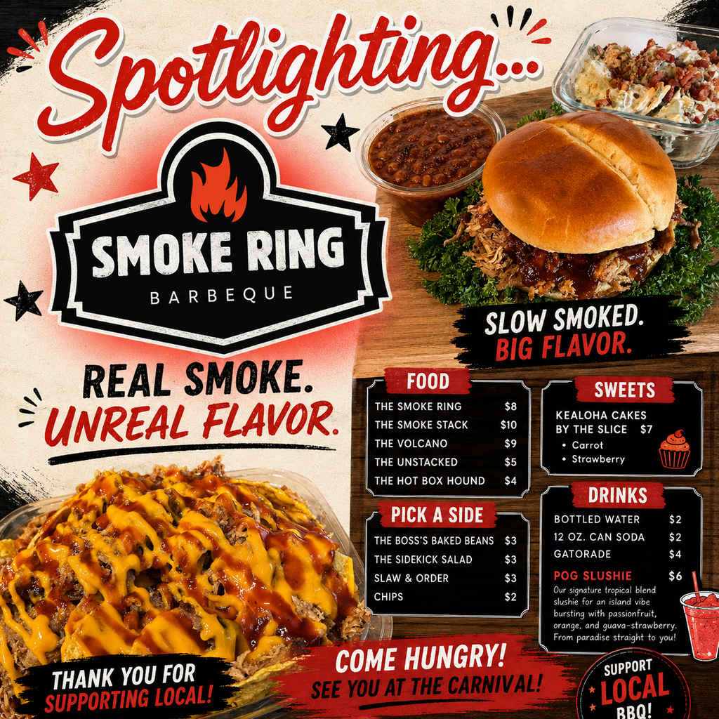 Advertisement for Smoke Ring Barbecue featuring a burger, side, and drinks, with an emphasis on flavor and local support.