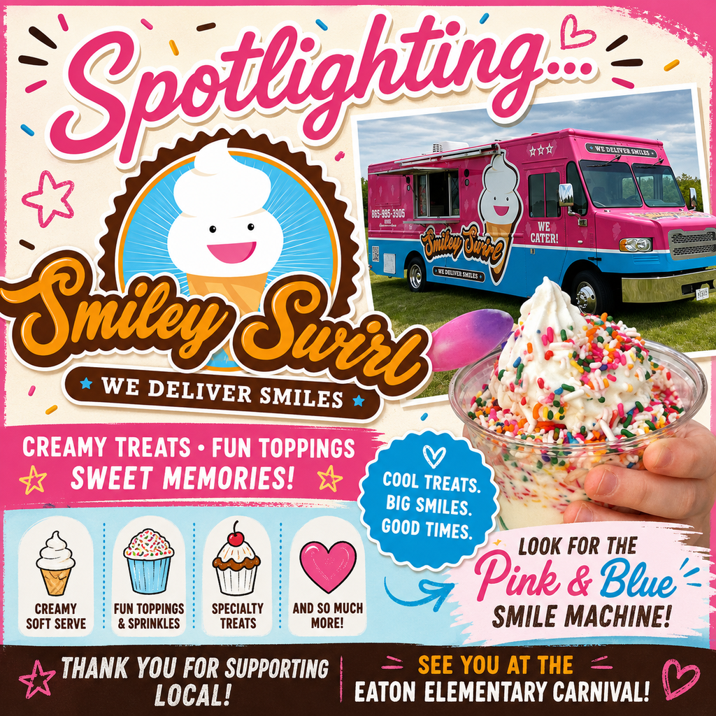 A poster promoting Smile & Swirl ice cream truck. It includes images of ice cream and a truck.