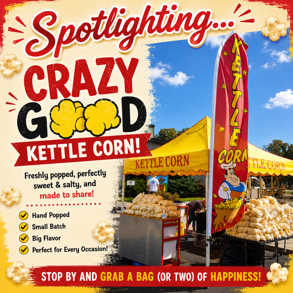 A poster highlights a food stand with a yellow tent, a flag, and a cart of popcorn.