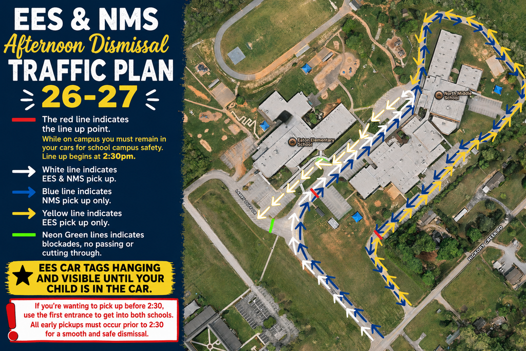 Map with traffic plan details for dismissal. Various colored lines guide cars. Background shows school building and green areas.