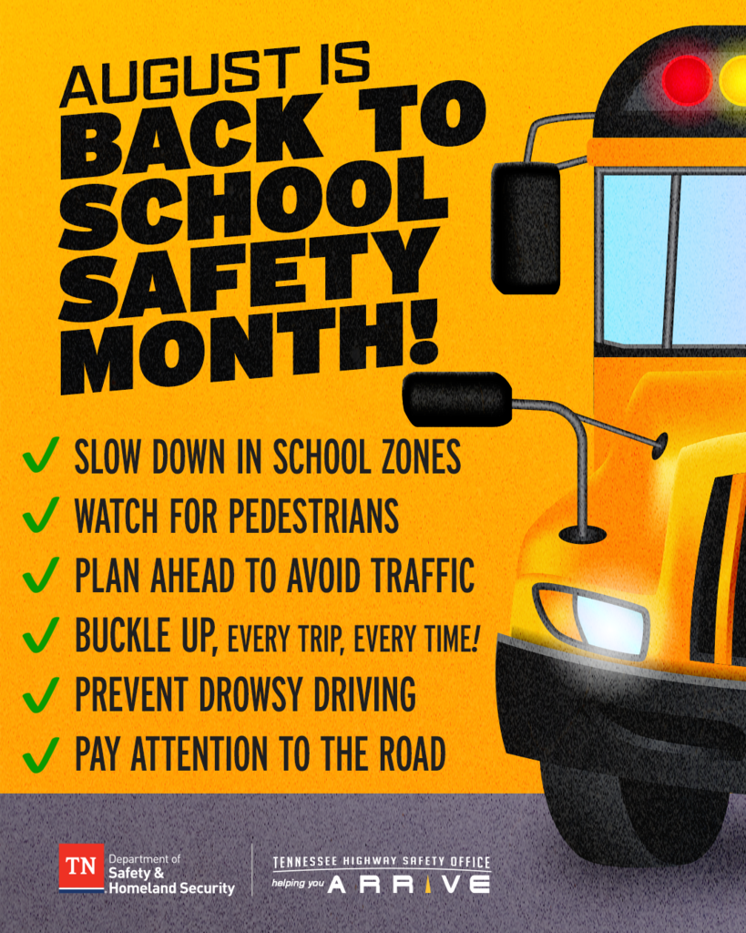A yellow sign featuring a school bus, text, and icons emphasizes safety tips for August, Back to School Safety Month.