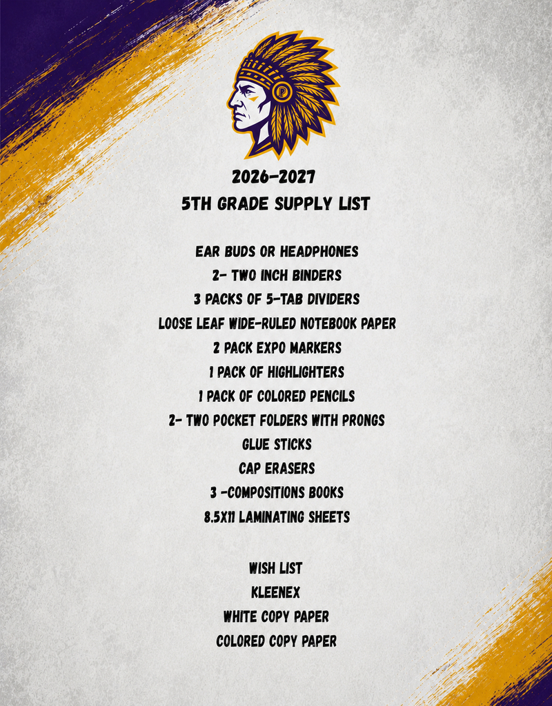 White background with a yellow and purple gradient. Central logo. Title "2024-2025 5TH GRADE SUPPLY LIST." List of items and wish list.