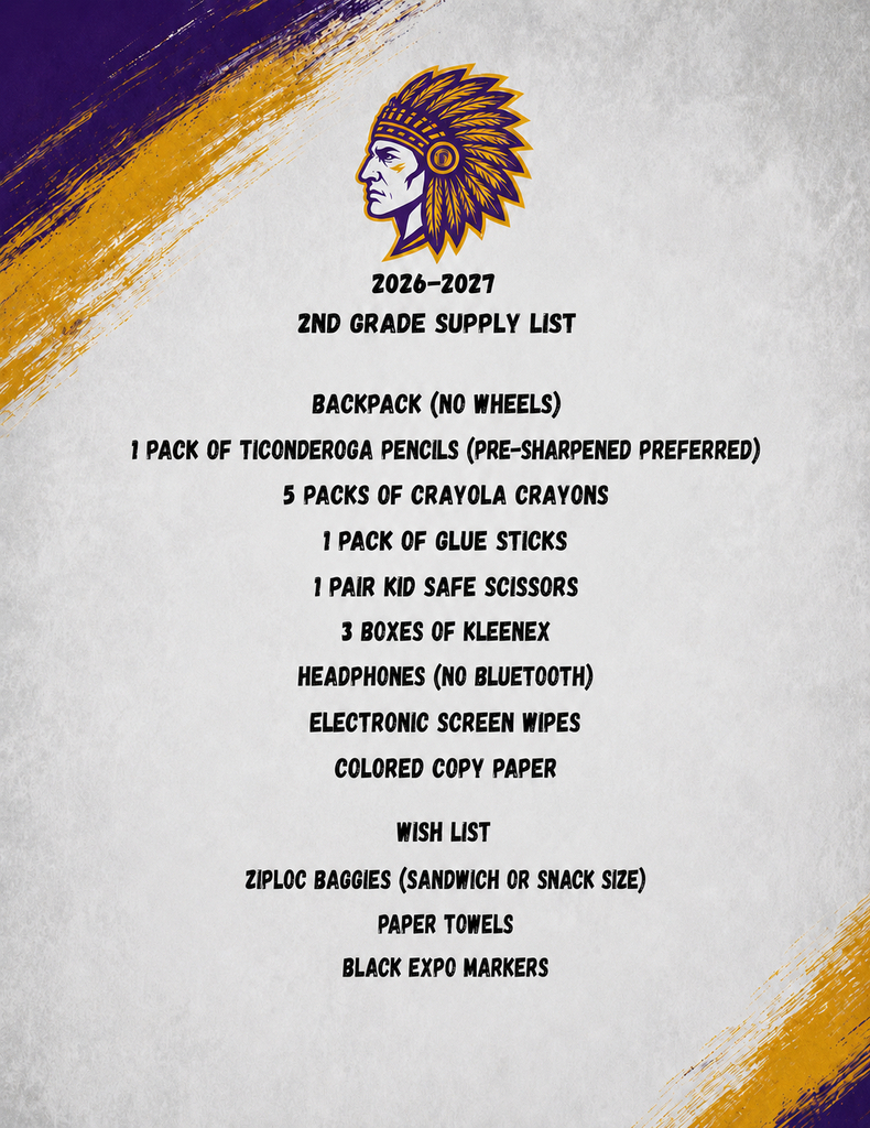 A white page with a yellow and purple border shows the 2nd grade supply list for 2020-2021.