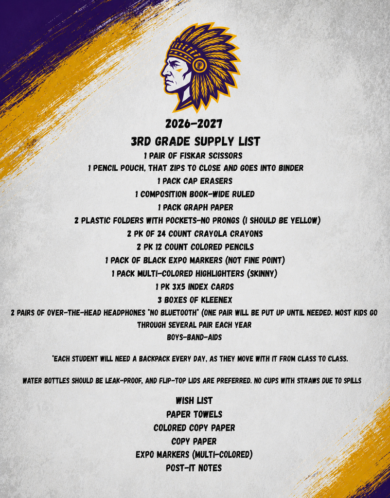 A white and blue page with a logo of a man with feathers at the top. The page contains a list of items for 3rd grade supply list.