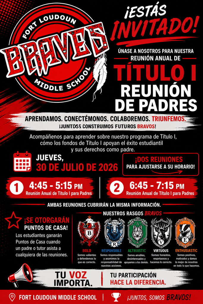 A poster invites attendees to a Brave Middle School Title I Parent Meeting on July 30, 2026.