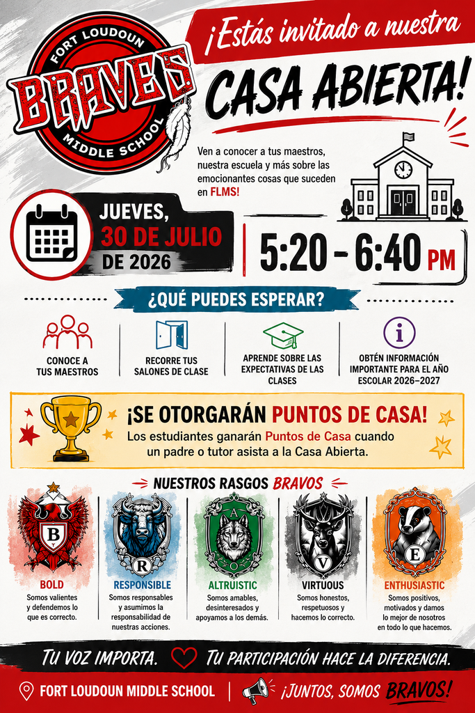 An open house event flyer in Spanish for Fort Loudoun Middle School on July 30, 2026, from 5:20-6:40 PM.