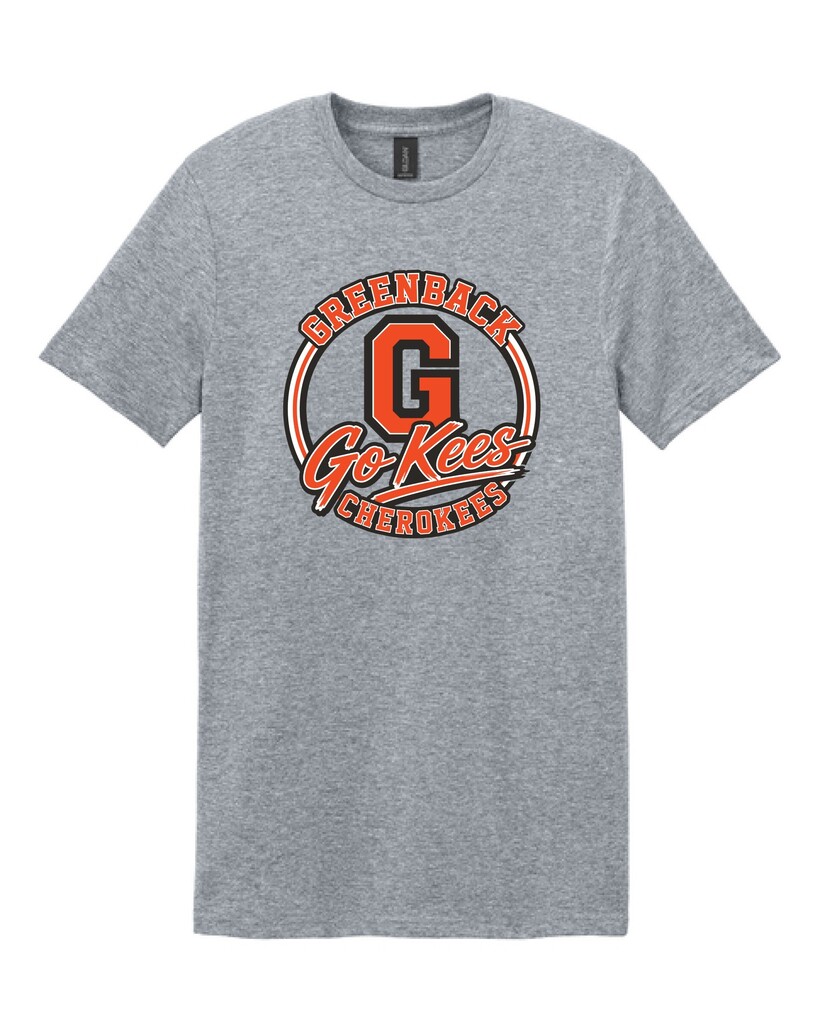 Gray T-shirt with a design reading "Greenback Go Kees Cherokees" in orange and white.