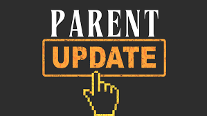 "Parent Update" in white text on black. An orange rectangle below. An image of a hand pointing to the button.
