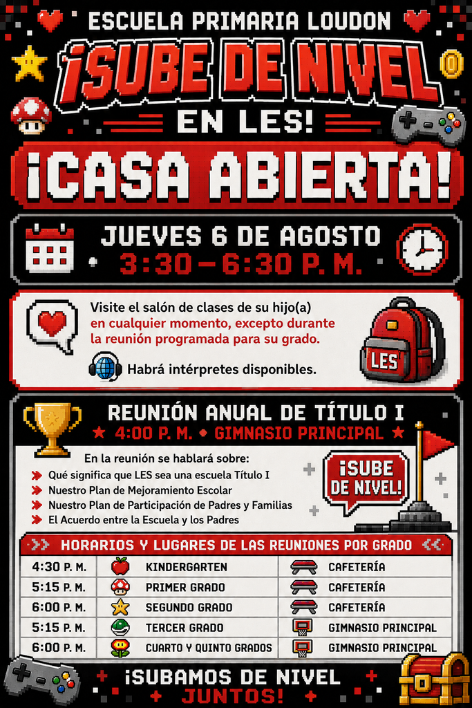 A colorful event flyer titled "¡Sube de Nivel!" with a game controller design. It features dates, times, and a schedule for open house events.