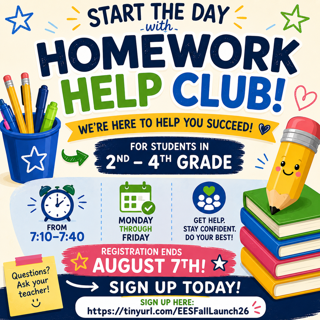 Poster with a blue pencil cup, pencils, and books. "Start the Day with Homework Help Club" text above.