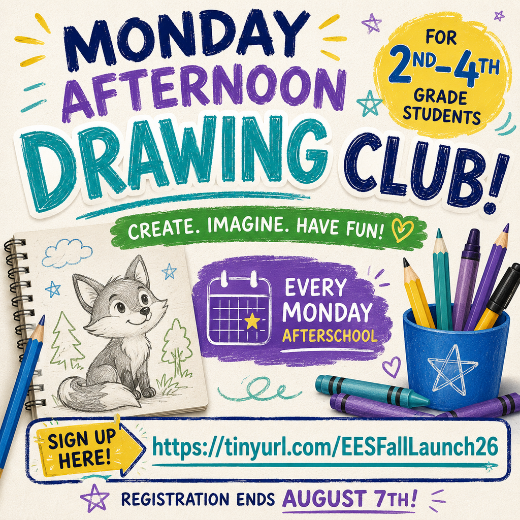 Drawing club flyer with cartoon fox, pencils, and open notebook. Text reads "Monday Afternoon Drawing Club".