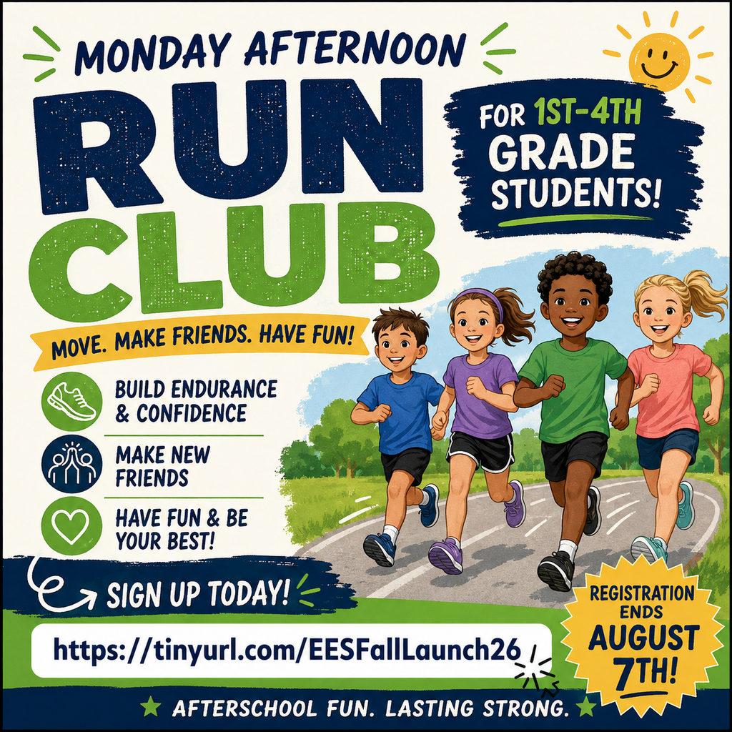 A poster invites 1st-4th graders to join a Monday afternoon Run Club. Children run on a sunny day.