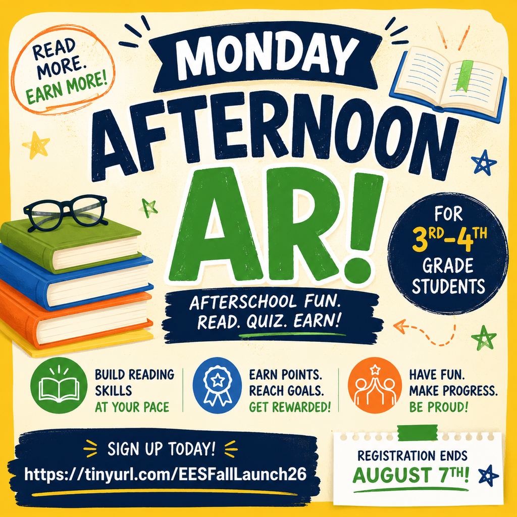 Flyer for "Monday Afternoon AR!" shows books, glasses, and icons for reading, points, and social interaction.