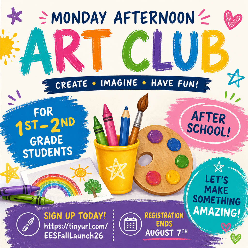 Poster for Monday afternoon art club. Includes pencils, crayons, paintbrushes, palette, and paint. Target audience: 1st and 2nd grade.