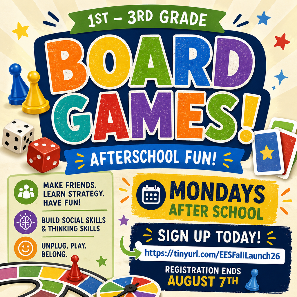 Visual elements include dice, a pawn, and game pieces. Text reads "Board Games! Afterschool Fun!" and "Sign Up Today!".