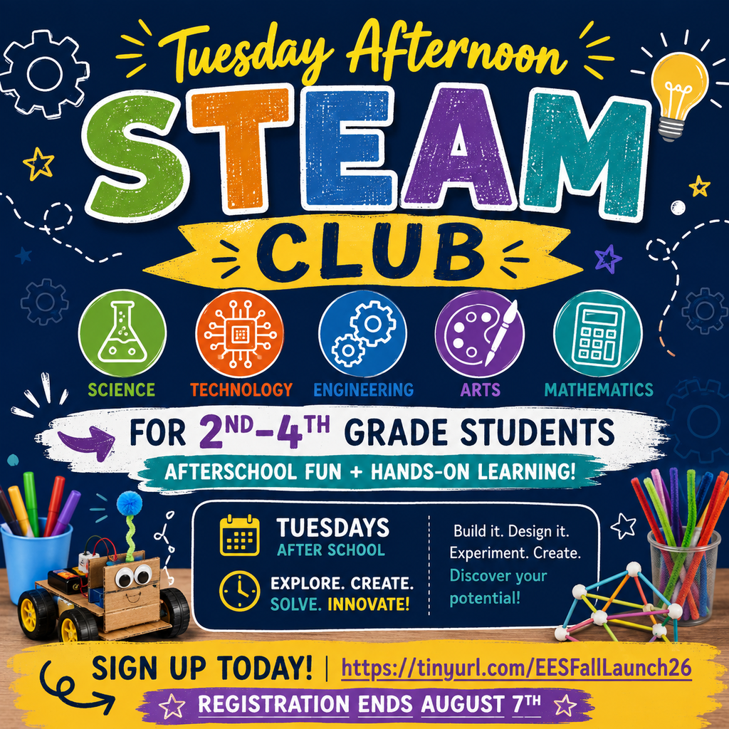 An event flyer for a STEAM Club for 2nd-4th graders. It includes colorful icons, a registration link, and a sign-up call.