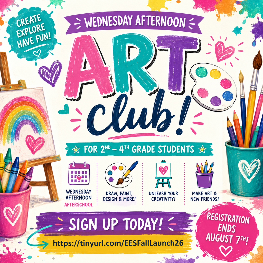 Flyer for Art Club for second to fourth grade students. Sign up by August 7th. Rainbow background.