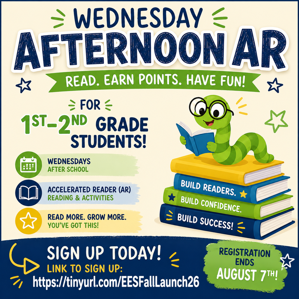 An ad for Wednesday afternoon reading for 1st-2nd grade students. A worm reads a book on a stack.