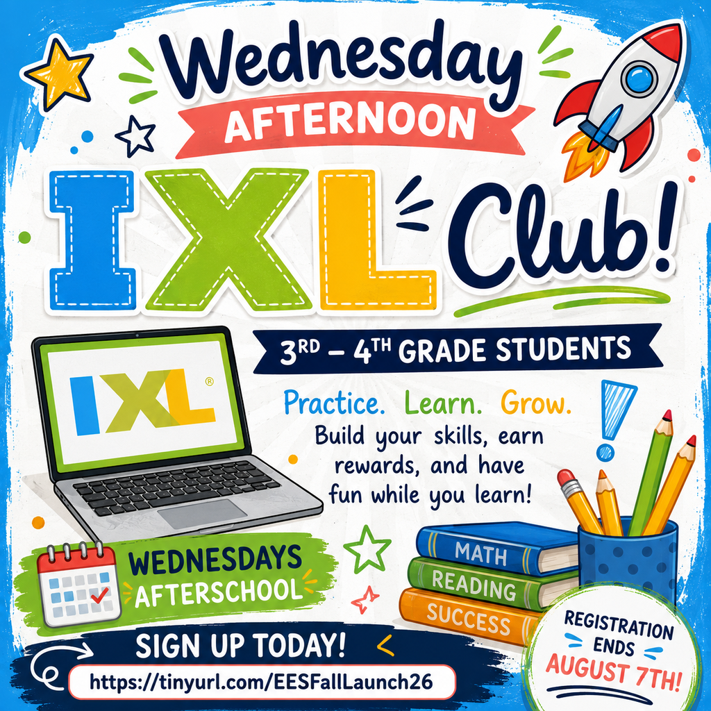 An advertisement for the Wednesday afternoon XL Club, featuring a laptop, books, pencils, and a rocket.