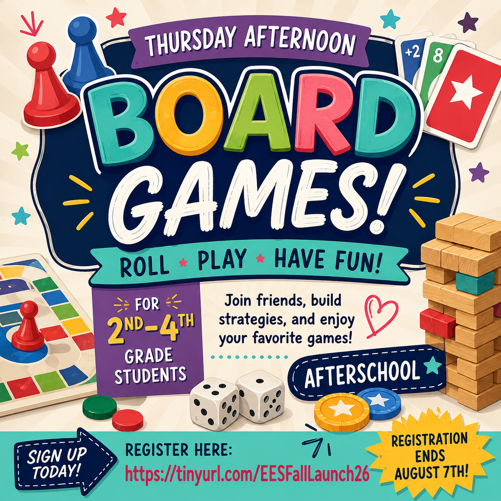 An event poster for board games. It includes colorful text, dice, and game pieces. Background is light and playful.