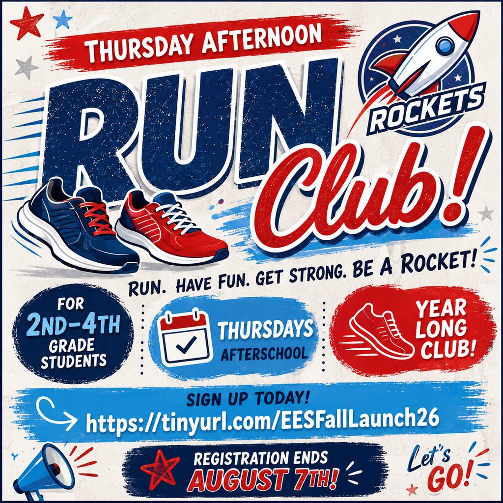 Flyer with blue, red, and white colors. It includes shoes, a rocket, a megaphone, and a calendar.